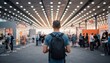 © Lightning - Young man with backpack exploring a vast, brightly lit exhibition hall filled with a diverse crowd, concept for business events, travel and education.