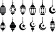 © LailaArtworks - Elegant collection of ramadan lanterns and crescent moons a set of decorative islamic elements for festive celebrations and cultural designs in black and white