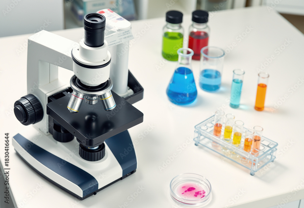 Microscope Lab Bench Microscope on spotless lab bench with glassware and colorful reagents ...