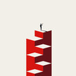 © jozefmicic - A minimalist vector concept illustration of a businessman standing at the peak of a staircase using a telescope. He is looking for new goals, symbolizing career success, leadership, strategic vision.