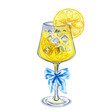 © Olga Shulgina - Limoncello spritz cocktail garnished with a whimsical blue bow hand drawn watercolor illustration. Mediterranean traditional aperitif for menu and design. Italian summer drink for the bar.
