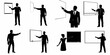 © Nadya - Collection of silhouettes of business men and women pointing and presenting on whiteboards and screens, representing education, training, and business meetings.