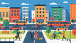 © PDWN Creative - Modern flat design vector illustration of a bustling city street scene with people, cars, and architecture. Urban lifestyle and transportation concept