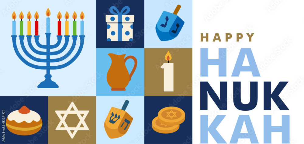 Happy Hanukkah Jewish Holiday greeting card with menorah, dreidel and star. Hanukkah Sameach web banner vector design with typography, gelt and sufganiyot