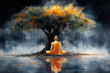© watz - Meditating Buddha in orange robes under a vibrant tree reflected on tranquil water with misty atmosphere.