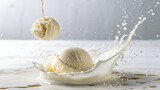 Vanilla Ice cream scoop or ball with splash levitating and flying white background 