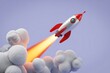 © Stocker - Retro style toy rocket blasting off into the sky with a bright orange flame and white smoke clouds against a soft purple background