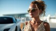 © Pinklife - The image captures a glamorous woman in trendy sunglasses, holding a champagne glass, against a luxurious backdrop, embodying elegance and sophistication in a stylish setting.