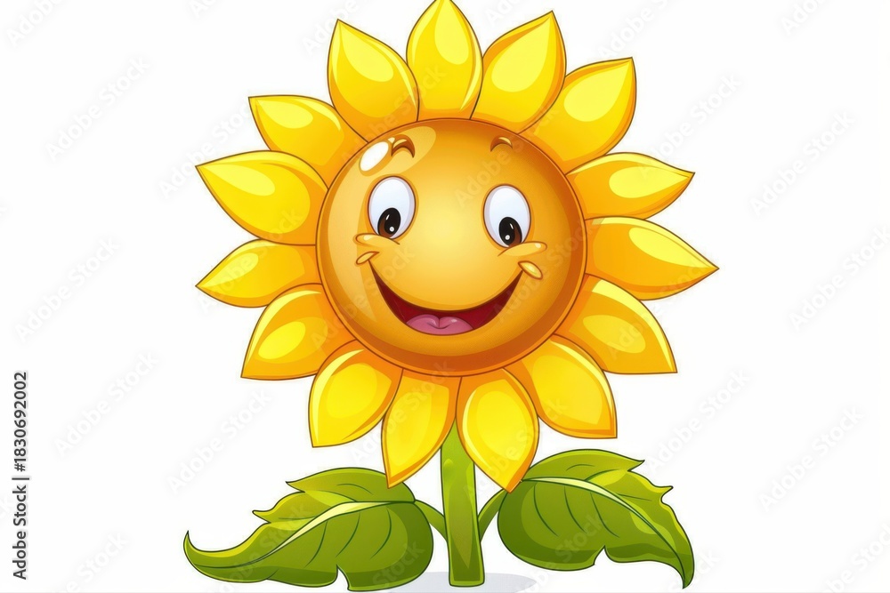 Cheerful Cartoon Sunflower with Smiling Face Yellow Petals Green Leaves on transparent background