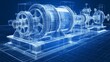 © dika - A detailed blue-wireframe illustration of an industrial machine, revealing internal mechanisms, set on a blue-grid base