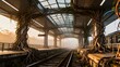 © HappyFoxy - Overgrown train station with thick banyan roots wrapping pillars, rails in the foreground, misty platforms and stopped metro in background, warm sunrise haze, oppressive postapocalyptic atmosphere