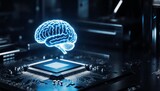 Digital brain hovering above illuminated microchip in a dark futuristic setting