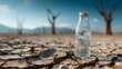 © horizon - Clear plastic water bottle standing on parched cracked earth with dry landscape background and dead trees showing drought and climate concept.