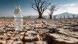 © horizon - Clear plastic water bottle standing on parched cracked earth with dry landscape background and dead trees showing drought and climate concept.