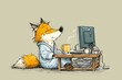 © Anton Stern - Cute vintage cartoon avatar of a sleeping freelance fox at a cluttered desk. Nostalgic lo-fi aesthetic illustration of working from home with computer