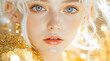© NeuroCake - Fantasy portrait of a woman with blue eyes and festive gold glitter makeup. Glamorous beauty model with platinum blonde hair and bokeh lights. New year celebration and cosmetics concept