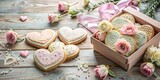 Delightful heart-shaped cookies and pastel-colored floral decorations arranged on a rustic wooden surface