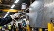 © DigitalSpace - Medium shot of a technician applying industrial paint coating on a large metal surface inside a busy factory showcasing precision and durability in harsh environments.