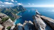 © Pinklife - A majestic seagull stands on rocky cliffs, gazing over a stunning blue ocean scene surrounded by mountains, symbolizing freedom and the beauty of nature.