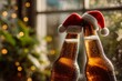 © Rifqi - Two beer bottles wearing Christmas hats, covered in condensation drops on festive background. Concept for holiday celebration, seasonal greetings and party invitation