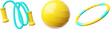 © sabelskaya - A set of 3D icons with a fit ball, jump rope, and hula hoop, yellow and blue, fitness equipment.