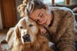 © km - Happy woman cuddling her adorable golden retriever at home, enjoying a moment of pure love and comfort in warm sunlight, creating a heartwarming family memory