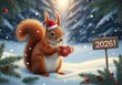 © Sergei - Cute squirrel in a Santa hat drinking a hot beverage in a snowy winter forest next to a 2026 sign.