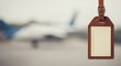 © Naimur - A leather luggage tag hangs in front of a blurred airplane providing a sense of travel and adventure