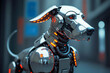 © Yurii - Close-up of a detailed cybernetic dog with a chrome finish and glowing red accents in an industrial setting