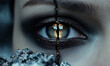 © Q-Zack - Demonic female eye split by crack in reality leading to hell. Fantasy and horror concept. Macro shot for poster, illustration