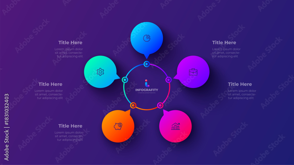 5 Steps circular workflow infographic diagram. Colorful neon vector ...