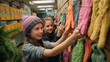 © Natallia - Wall of mittens invites mindful shopping: children pick colors and sizes; gift-giving, charity drives, volunteer culture, and cozy materials in natural light
