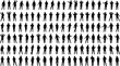 © Mostafijur - Human silhouette pose grid, 100 gesture variations, animation reference sheet, body language catalog, cad drawing flat vector illustration