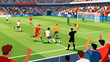 © Canis - This vibrant illustration shows a soccer match in a crowded stadium: players in jerseys race for the ball on the grass pitch, with a scoreboard and cheering fans in the background.