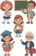 © SAchin love SAtyam - Friendly vector cartoon of diverse elementary school students, including a graduate and children with books and supplies, grouped with a knowledgeable professor pointing toward classroom instruction f