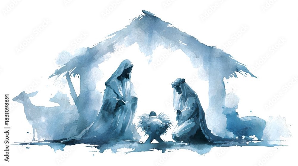 Watercolor nativity scene illustration in soft blue hues isolated on ...