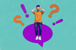 © deagreez - Picture collage of person hold head hands stand color textbox saying exclamation question marks on teal background