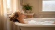 © ArtSync Studio - Woman Relaxing in a Bubble Bath with Her Eyes Closed and Her Head Back