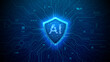 © AntonKhrupinArt - Cyber security concept. Digital shield icon glowing on circuit board background. Cyber protection concept with futuristic technology elements and bright blue light effects for data safety.