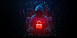 © AntonKhrupinArt - Cyber security threat concept with hacker silhouette in low poly style. Glowing red lock icon on dark digital background symbolizes online fraud and cyber attack danger. Vector illustration