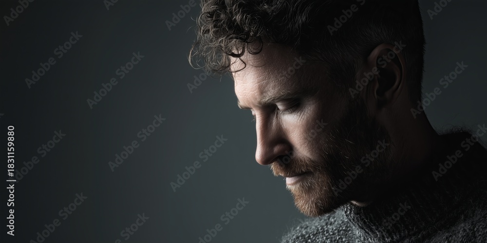 man's face with a meditative, contemplative expression, eyes focused ...
