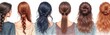 © Pete - Illustration displays various female hairstyles. Diverse colours present on long hairs tied in different styles. Braids ponytails buns show hairdressing design. Beauty trends offer formal casual