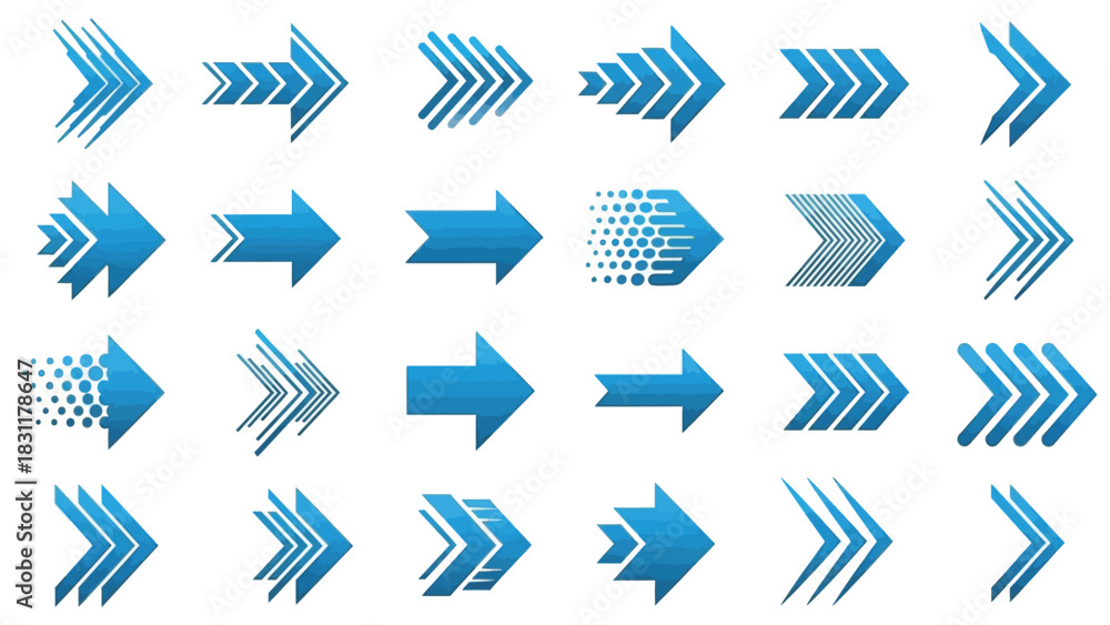 A collection of various blue arrows pointing to the right, displayed in a grid on a white background, showcasing different styles and designs.