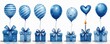 © Pete - Elegant birthday scene featuring blue gift boxes, balloons arranged in row. Box different festive decoration striped balloon, polka dot balloon, blue balloon, heart-shaped balloon, one with lit