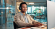 © P2000/peopleimages.com - Headphones, typing and happy businessman with computer for music, copywriting or research. Audio, technology and content writer in workplace for streaming radio, editing article and info in office