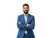 © shahida  - Confident bearded man in blue suit standing with arms crossed smiling directly at camera isolated on transparent background