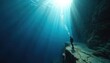 © Pete - Scuba diver explores underwater cliff edge. Person stands on rock ledge, peers into deep blue ocean. Sunlight beams cut through clear water. Diver exhales bubbles into dark depths. Adventure,