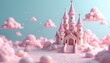 © Pete - Pink fairytale castle rests on candy land with soft pink clouds floating in pastel blue sky. Whimsical fantasy architecture evokes sweet dreams and magical adventures.