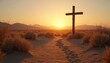 © Pete - Cross stands in desert during sunrise. Religious symbol evokes faith hope. The sun illuminates the horizon path. Image symbolizes spiritual journey belief worship.