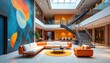 © Pete - Bright open plan office space with modern orange sofas and a large abstract mural. Multi level interior features a grand staircase, meeting areas, and skylights creating a vibrant work atmosphere.